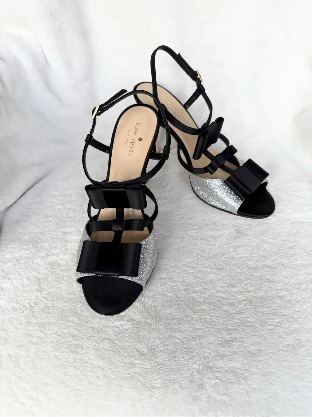 Kate Spade New York Silver Satin Bow Slingback Sandals 8.5
